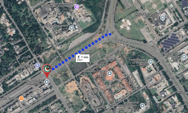  This screengrab shows the pin location of where PTI protesters had gathered at around 3pm on Nov 24, according to footage shared by a media.com correspondent. — via Google Maps 