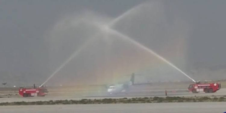 First Flight from Karachi Welcomed with Water Salute at Gwadar Airport