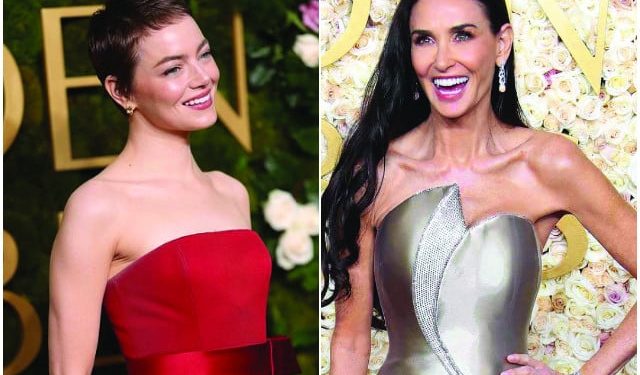 moore flaunted a champagne coloured gown while stone debuted a nutmeg pixie cut photos file