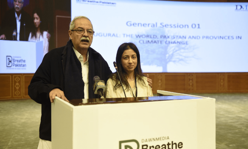 mediaMedia CEO Hameed Haroon (L) and Pakistan Herald Publications CEO Nazafreen Lakhani-Saigol. — Tanveer Shahzad / Mohammad Asim