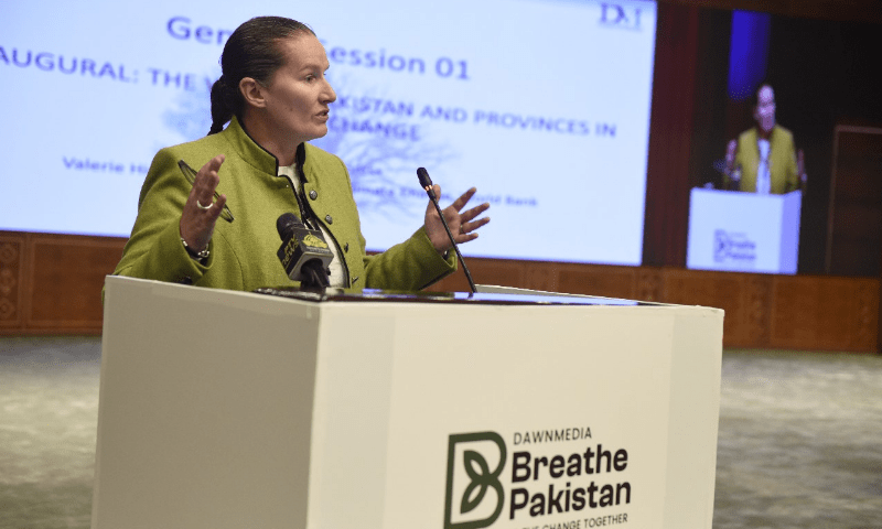  Valerie Hickey, the global director for climate change at the World Bank, addresses the event. — Tanveer Shahzad/Mohammad Asim 