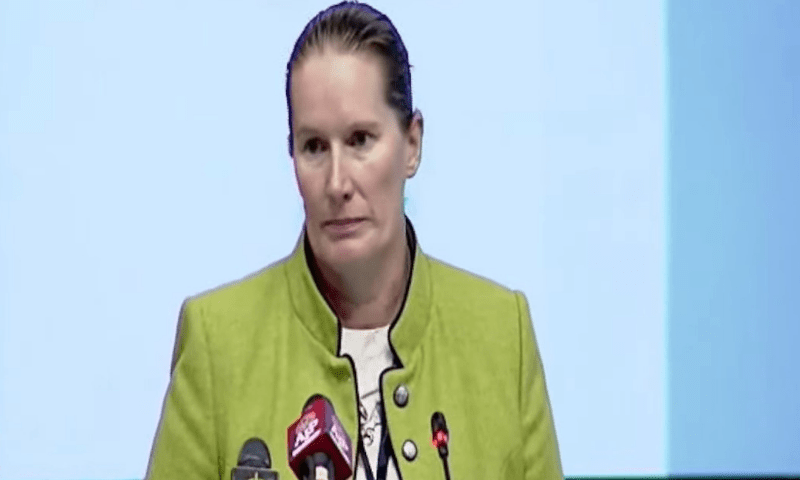 Valerie Hickey speaking at Breathe Pakistan. - Still from mediaNewsTV