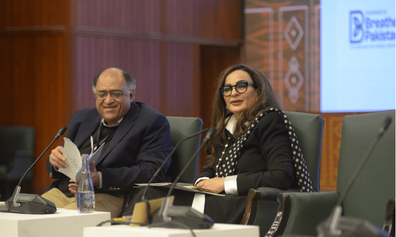  Lums’ Ali Cheema and Senator Sherry Rehman at the conference.— Tanveer Shahzad/Mohammad Asim