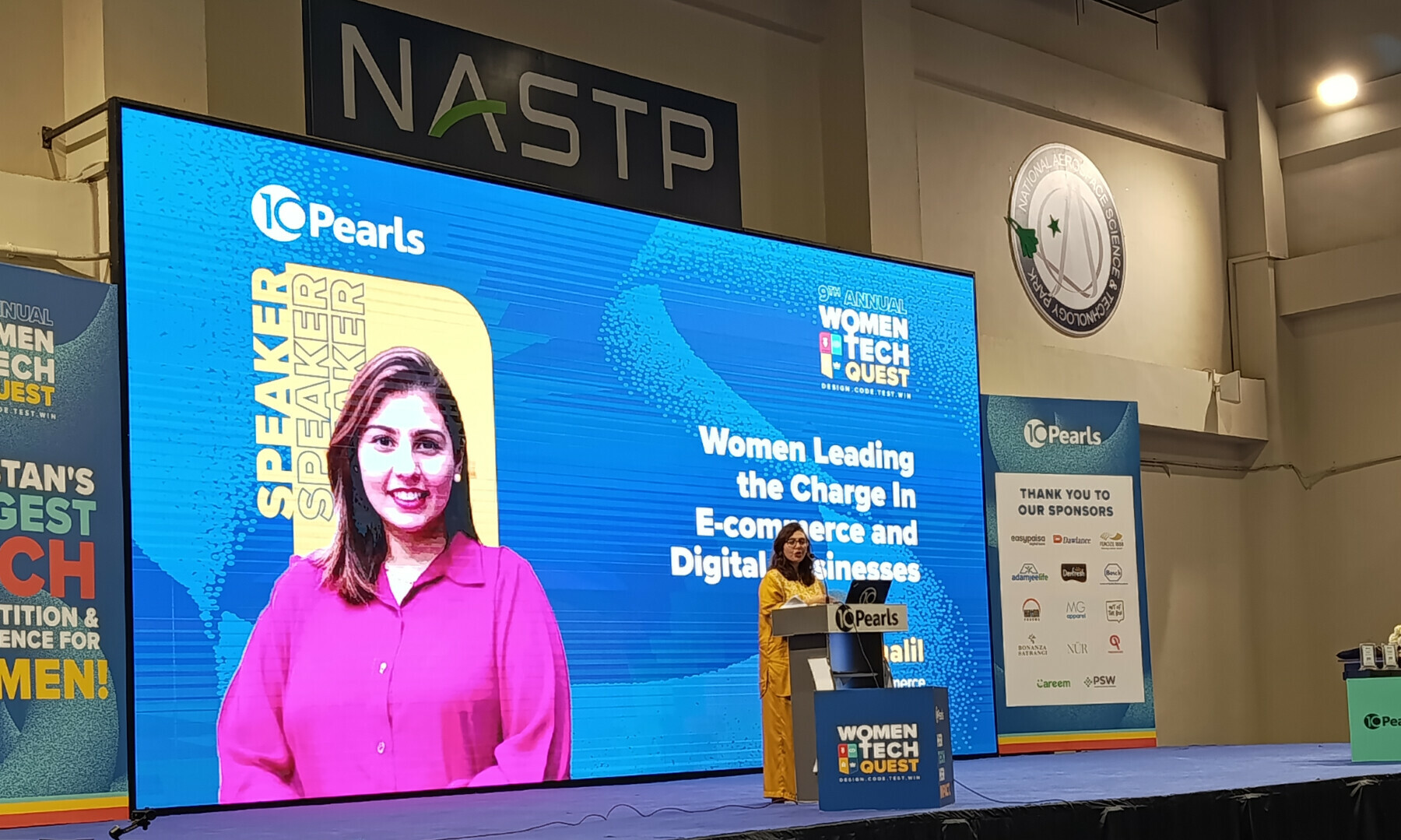  Hira Khalil, the senior lead for e-commerce at Dawlance, speaks at the 9th edition of Women Tech Quest, held at NASTP in Karachi on February 15. — Photo via author 