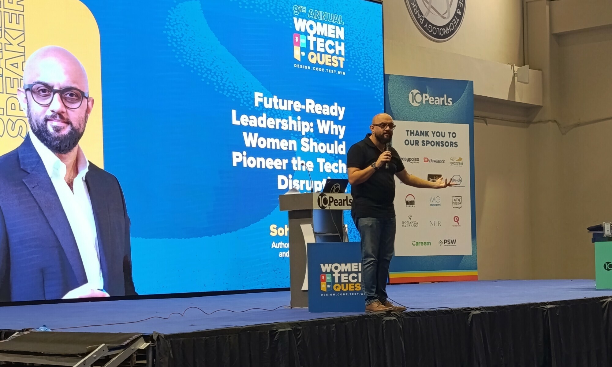  Sohail Zindani, an author and entrepreneur, speaks at the 9th edition of Women Tech Quest, held at NASTP in Karachi on February 15. — Photo via author 