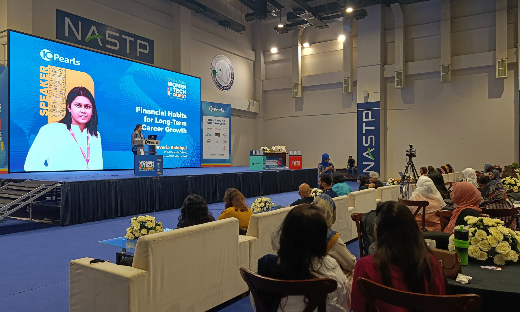  Javeria Siddiqui, CFO at Feroze1888 Mills Limited, speaks at the 9th edition of Women Tech Quest, held at NASTP in Karachi on February 15. — Photo via author 