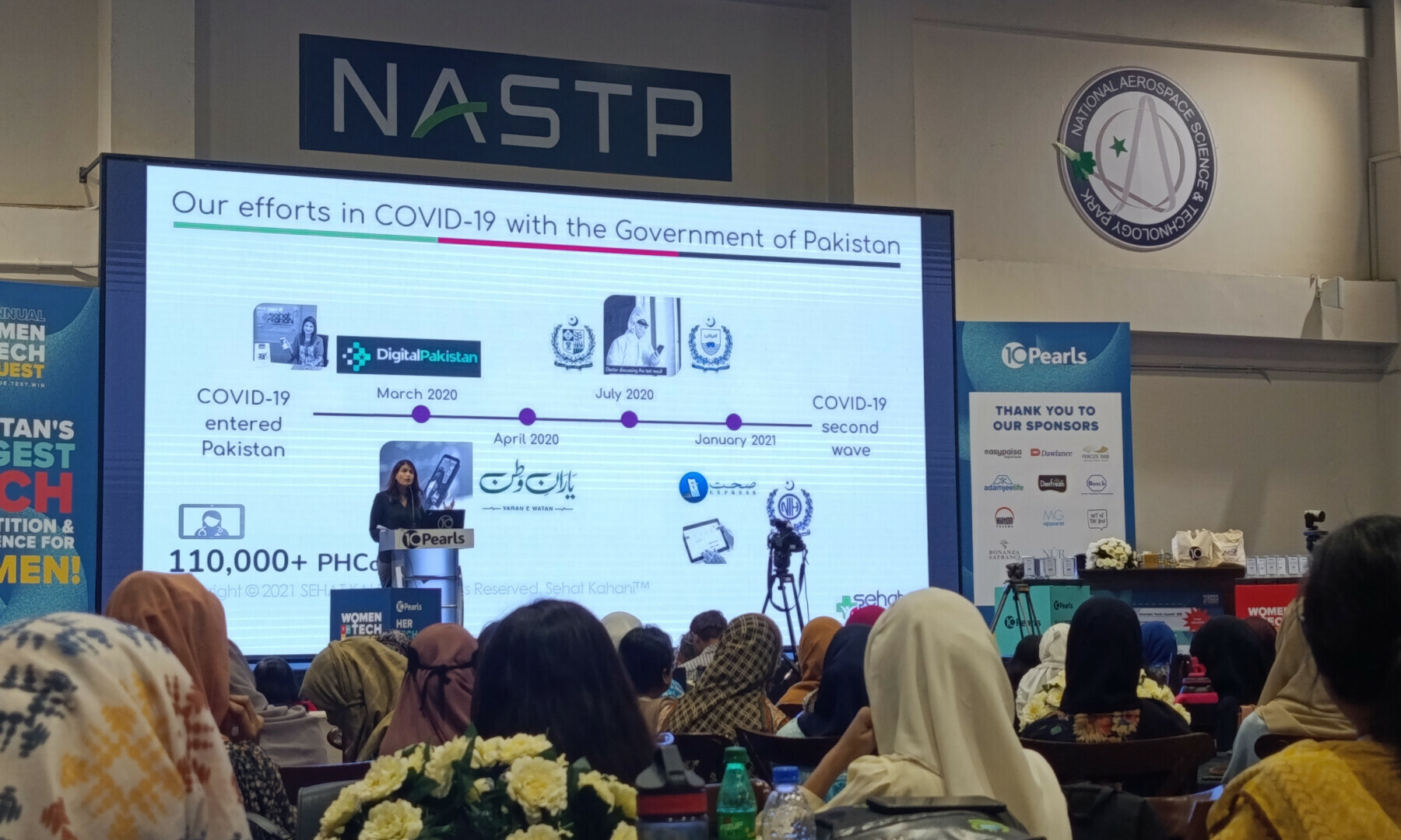  Sehat Kahani CEO Dr Sara Saeed Khurram speaks at the 9th edition of Women Tech Quest, held at NASTP in Karachi on February 15. — Photo via author 