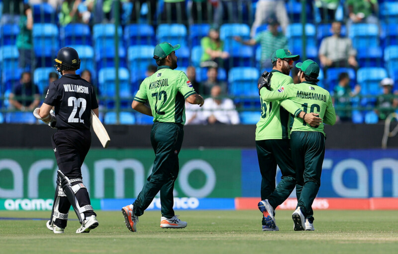 Pakistan’s Mohammad Rizwan celebrates with teammates after taking a catch to dismiss New Zealand’s Kane Williamson, off the bowling of Naseem Shah. — Reuters