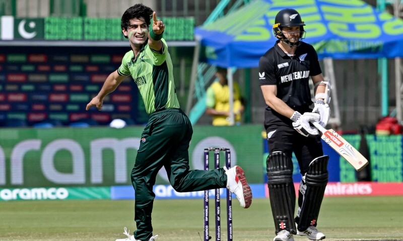Pakistan’s Naseem Shah (L) celebrates after taking the wicket of New Zealand’s Kane Williamson (R) during the ICC Champions Trophy cricket match between Pakistan and New Zealand at the National Stadium in Karachi on February 19, 2025. — AFP