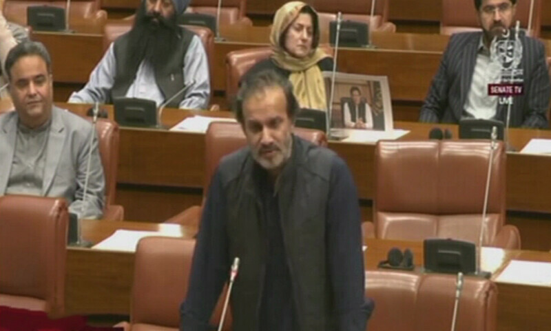  PTI Senator Aon Abbas Buppi addresses the Senate on March 8, 2025, a day after his production orders were issue by the Senate chairman. — mediaNewsTV 