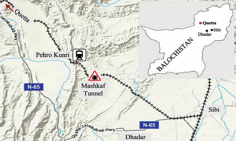  The Mashkaf Tunnel is part of a series of tunnels, located around 157km from Quetta and approximately 21km from Sibi. — Map by mediaGIS/N 