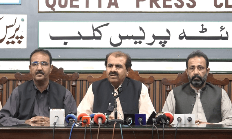  BNP-M’s Sajid Tareen addresses a press conference at the Quetta Press Club on April 6, 2025. — Photo by Abdullah Zehri 