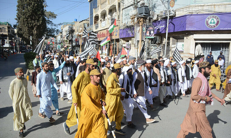  JUI-F workers and activists participate in a rally in solidarity with Palestinians in Quetta on April 11. — Abdullah Zehri 