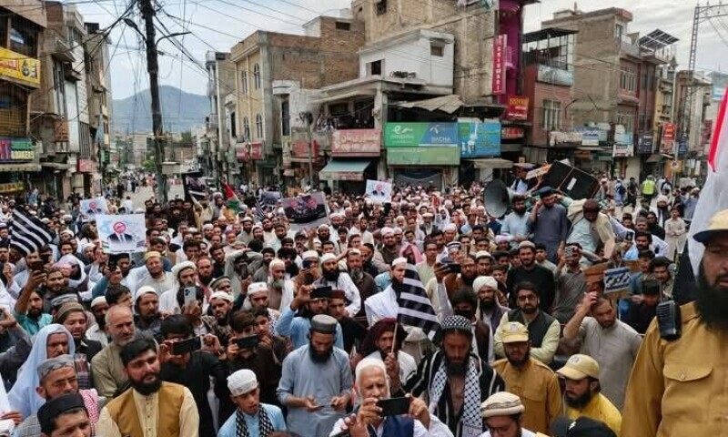  JUI-F activists participate in a rally supporting Palestinians in Shangla on April 11. — Umar Bacha 