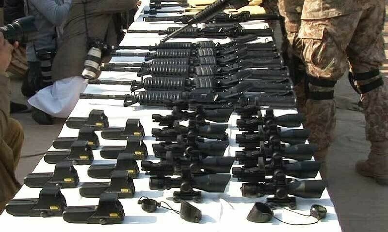 An image of M4A1 rifles and other equipment seized in Peshawar in January 2016 ─ Photo by Ali Akbar