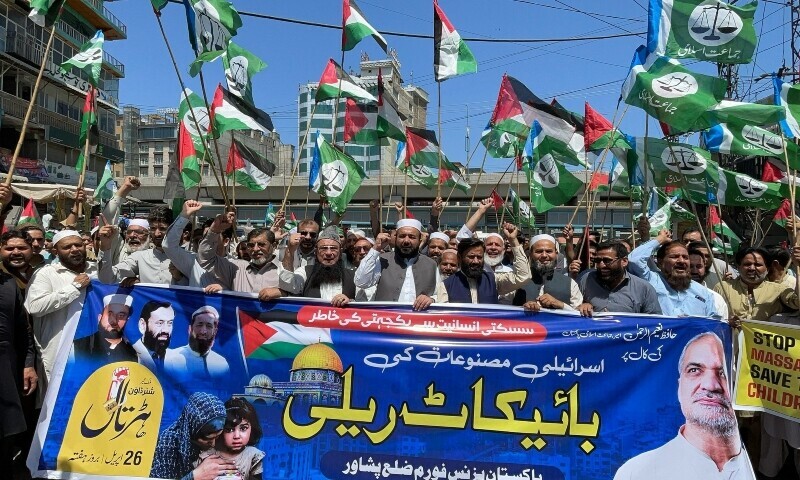  Protests and rallies held in Peshawar to show their solidarity with Palestinians, in Karachi on April 26, 2025, amid the ongoing Gaza conflict. — Photo by Umar Bacha 