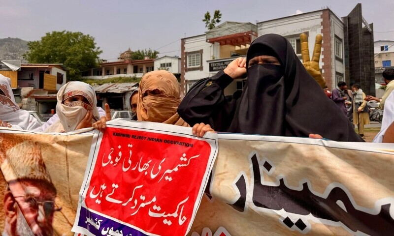  Women holding placards saying “Jammu and Kashmir wants freedom from India” during the rally. — Tariq Naqash 