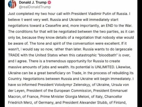 After Putin call, Trump says Russia and Ukraine to start ‘immediate’ talks on ceasefire