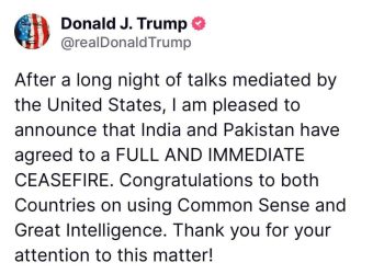 ‘India and Pakistan Have Agreed to a Ce@sefire’, U.S President