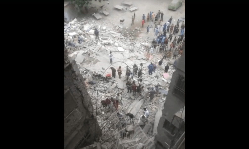  Rescue officials at the site of a building collapse in Karachi’s Lyari area on July 4, 2025. — screengrab from video via author 