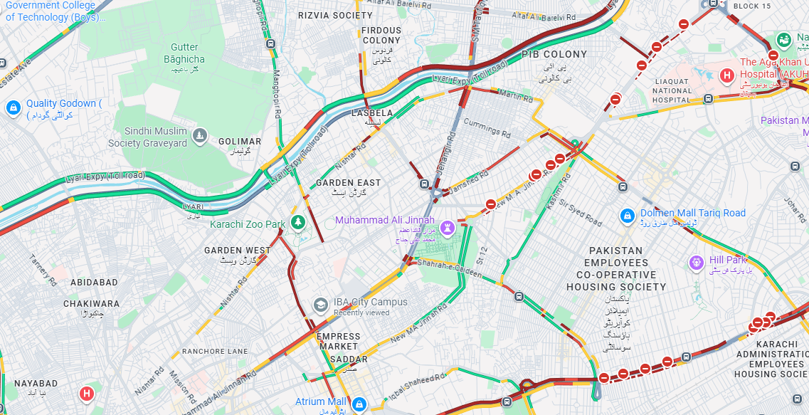 A Google Maps screenshot at 7:20pm on Tuesday shows traffic blockages at several thoroughfares across the city.