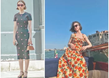 lily collins poses in two styles of her fresh wardrobe which will feature in the upcoming season 5 of netflix s emily in paris photo courtesy lily collins instagram