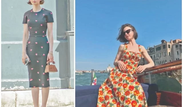 lily collins poses in two styles of her fresh wardrobe which will feature in the upcoming season 5 of netflix s emily in paris photo courtesy lily collins instagram
