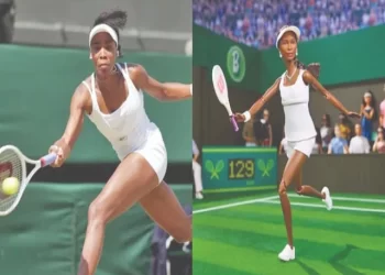 at left venus williams in action on court and at right the barbie honouring her photo courtesy mattel