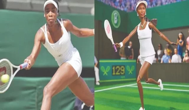 at left venus williams in action on court and at right the barbie honouring her photo courtesy mattel