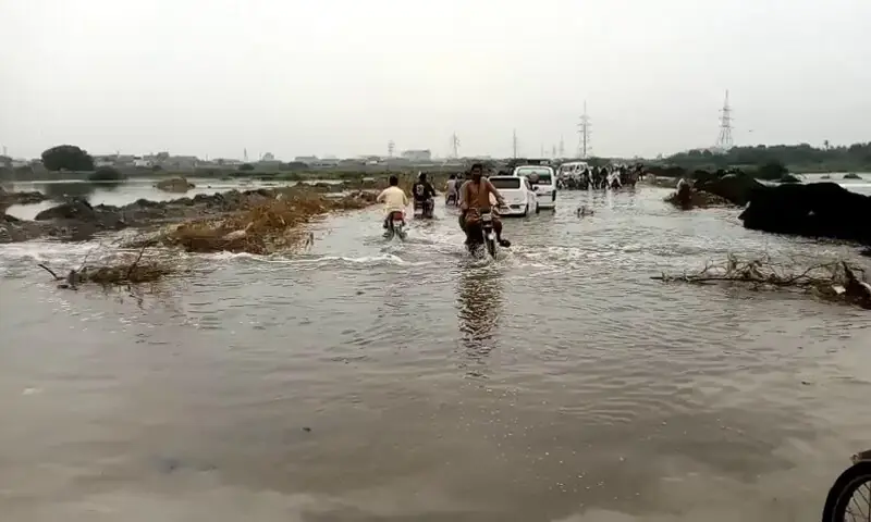 A view of a standing water on a road near Karachi’s Malir Nadi following rain in the city on Tuesday. — mediaNewsTV