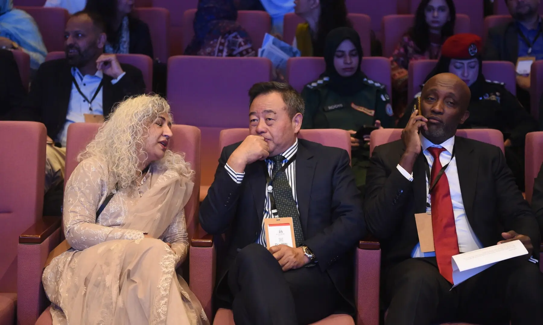  Indus Hospital &amp; Health Network’s Dr Saima Saeed, WHO’s Dr Luo Dapeng and UN’s Mohamed Yahya are seated at the Expo Centre on Oct 11. — Murtaza Ali / White Star 