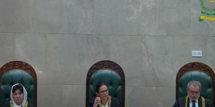 Justice Ayesha Malik speaks as an eight-member SC Constitutional Bench hears challenges against the 26th Amendment during live-streamed proceedings, on Oct 13, 2025. — screengrab from SC’s YouTube channel