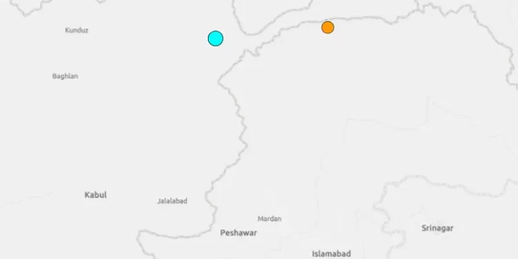 A screenshot of a map showing three earthquakes registered north and west of Pakistan. — Screengrab via USGS