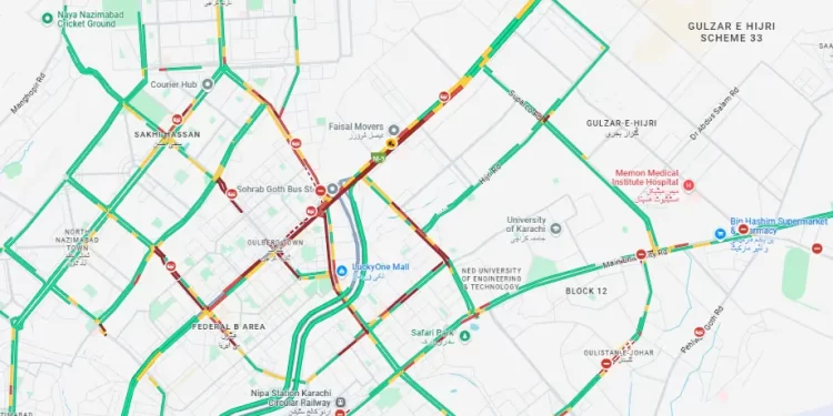 A map of the traffic in Karachi as of 8:33pm. — Google Maps