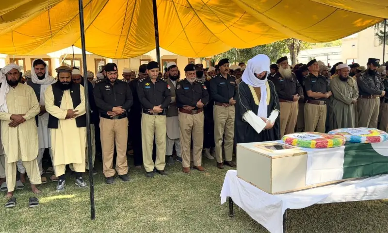  The funeral prayer of a martyred policeman is offered in Bannu on Nov 10, 2025. — via author 