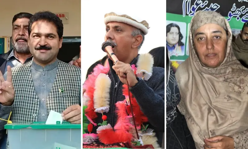 PML-N’s Babar Nawaz Khan (L), PTI-backed candidate Shehrnaz’s husband Omar Ayub (C), and PPP’s Irum Fatima Turk. — pmln_org X account/ MominaBasit1 X account /irum.fatima Facebook