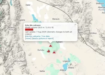 A screenshot from an interactive map shows the site of a volcanic eruption in northeastern Ethiopia on November 24. — Screengrab via Volcanic Discovery