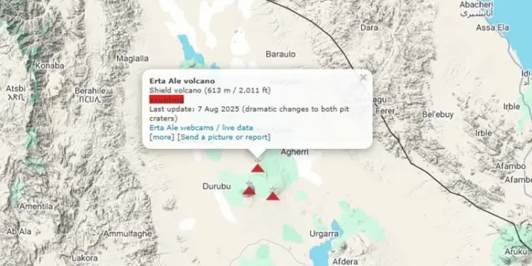 A screenshot from an interactive map shows the site of a volcanic eruption in northeastern Ethiopia on November 24. — Screengrab via Volcanic Discovery