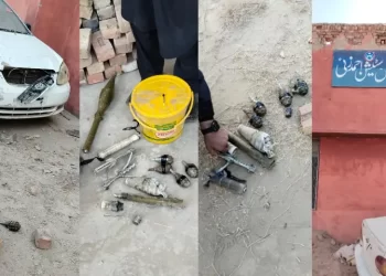 This photo combo shows weapons lying around the Ahmadzai police station in Bannu. — KP Police