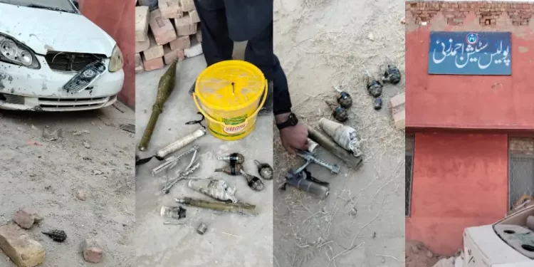 This photo combo shows weapons lying around the Ahmadzai police station in Bannu. — KP Police