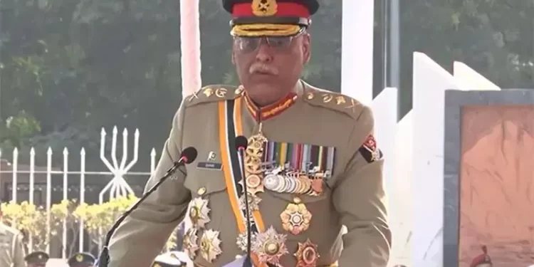 Outgoing CJCSC General Sahir Shamshad Mirza addresses a farewell ceremony at Joint Staff Headquarters on November 26. —Screengrab via ISPR