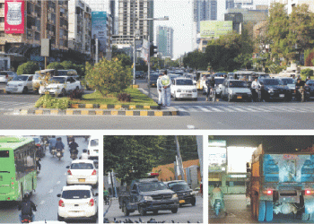 (Clockwise from top) Ordinary citizens respect the law and stop their vehicles before the zebra crossing at a traffic intersection in Clifton near Do Talwar to avoid hefty e-challans, but a truck (bottom), a police mobile van, and a bus with no number plates are seen beating the recently introduced AI-based fine system on Sharea Faisal and Dr Ziauddin Ahmed Road with impunity, as such vehicles cannot be issued e-tickets.—Shakil Adil / Fahim Siddiqi / White Star