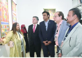 argentina s ambassador leopoldo francisco sahores and other guests visit the art exhibition peace pieces volume 1 featuring works by artists from argentina bangladesh and comoros on the second day of the world culture festival 2025 in karachi photo express