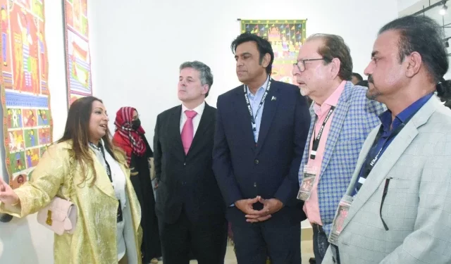 argentina s ambassador leopoldo francisco sahores and other guests visit the art exhibition peace pieces volume 1 featuring works by artists from argentina bangladesh and comoros on the second day of the world culture festival 2025 in karachi photo express