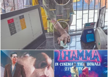 file photos of moviegoers queuing to purchase tickets for dilwale dulhania le jayenge at maratha mandir theatre in mumbai actors ayushmann khurrana and shraddha kapoor posing during the trailer launch of their film thamma in mumbai and actor akshay kumar posing for photographs during an event for the promotion of his film sky force in mumbai photos afp
