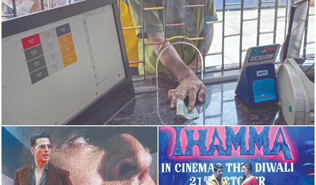 file photos of moviegoers queuing to purchase tickets for dilwale dulhania le jayenge at maratha mandir theatre in mumbai actors ayushmann khurrana and shraddha kapoor posing during the trailer launch of their film thamma in mumbai and actor akshay kumar posing for photographs during an event for the promotion of his film sky force in mumbai photos afp