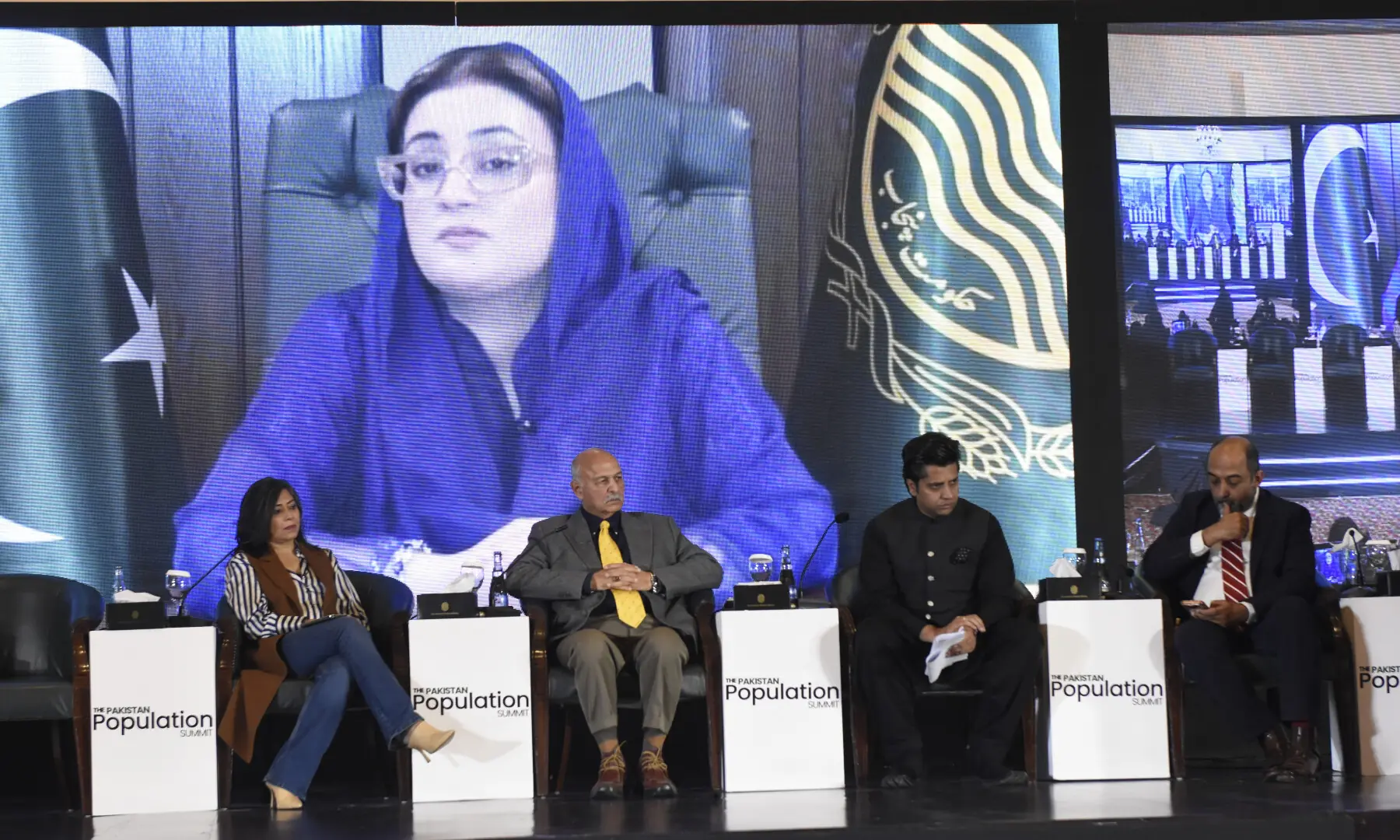 Punjab Information Minister Azma Bokhari’s video message is played at the summit. — Tanveer Shahzad / White Star