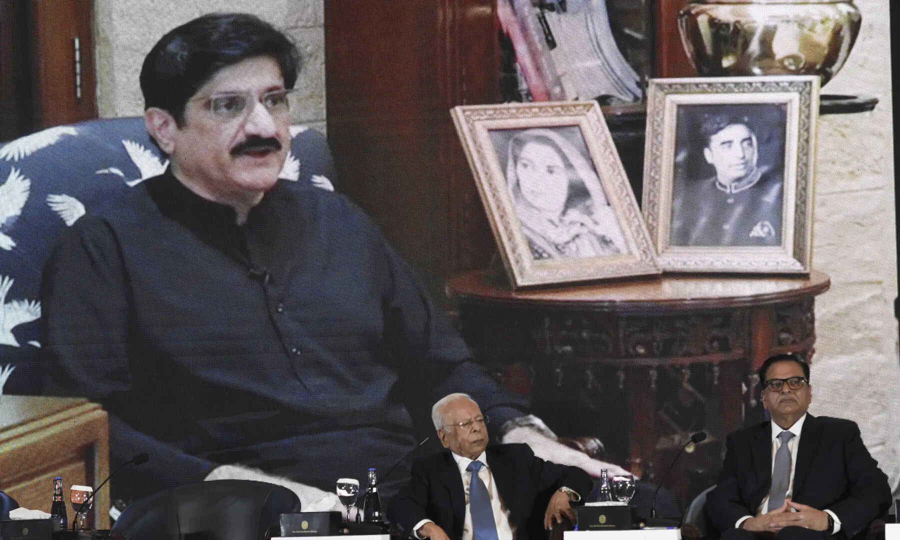 Sindh CM Murad Ali Shah’s video message is played at the summit. — Tanveer Shahzad / White Star