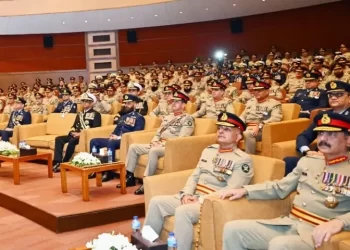 Service chiefs and senior military officials attend an address by newly appointed Chief of Defence Forces Field Marshal Asim Munir at General Headquarters in Rawalpindi on December 8. — Photo courtesy ISPR