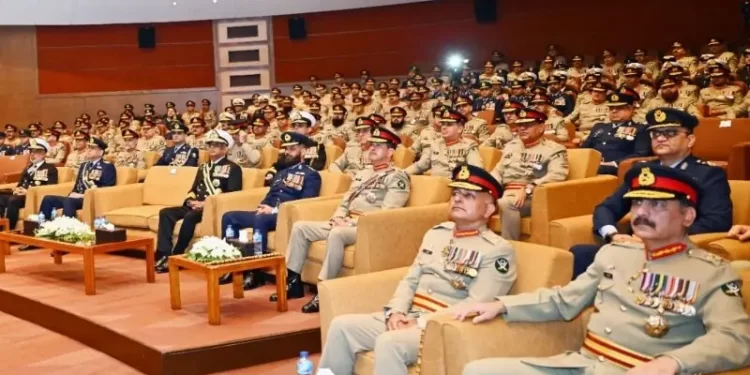 Service chiefs and senior military officials attend an address by newly appointed Chief of Defence Forces Field Marshal Asim Munir at General Headquarters in Rawalpindi on December 8. — Photo courtesy ISPR